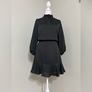 Vici Call Me Angel Black Textured Satin Long Flounce Sleeve Mini Dress Size M